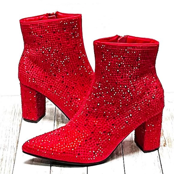 New Women Red Rhinestone Blingy Pointed Toe Ankle Boots Booties - Picture 5 of 8